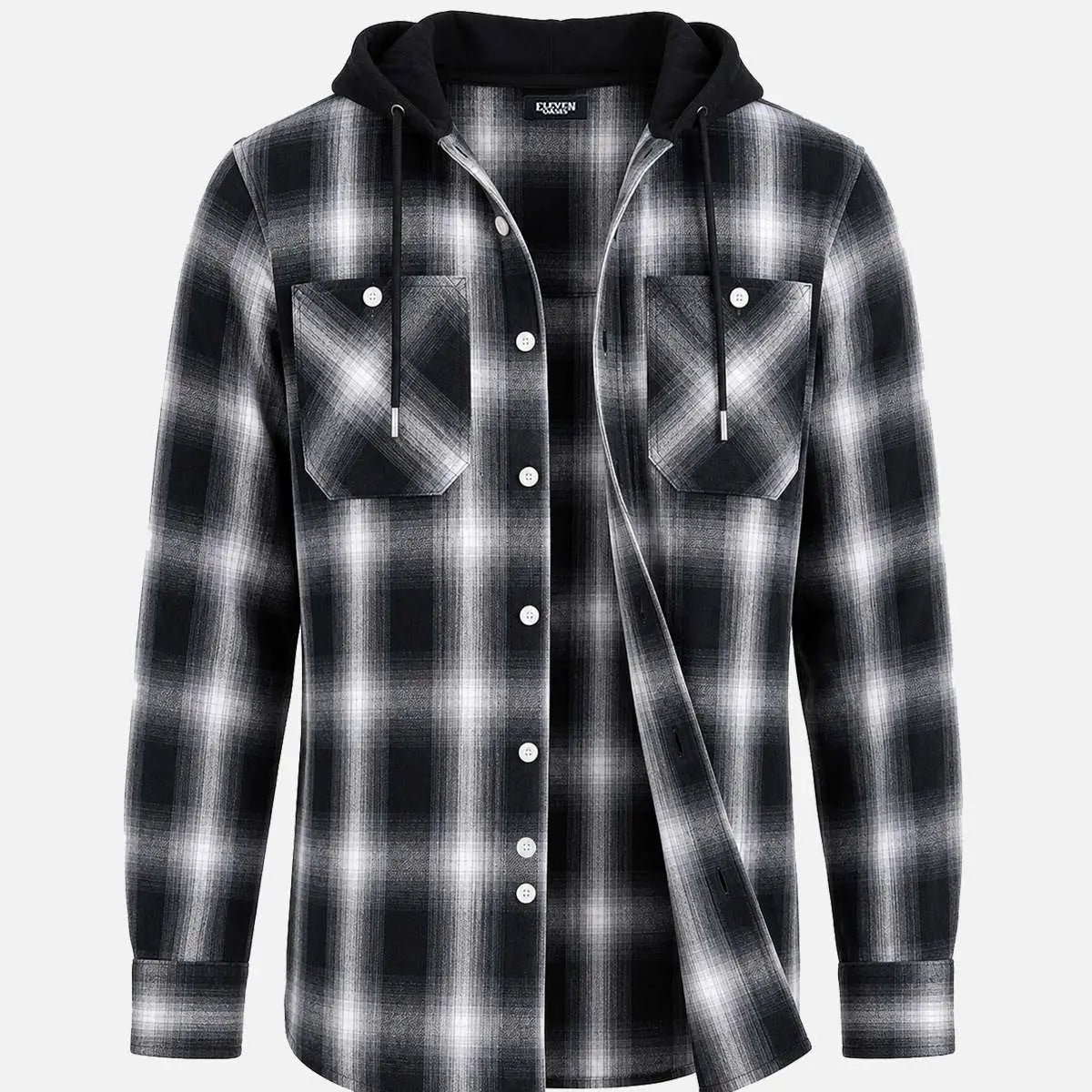 Men's Hooded Plaid Double Pocket Long Sleeve Shirt Eleven Oasis