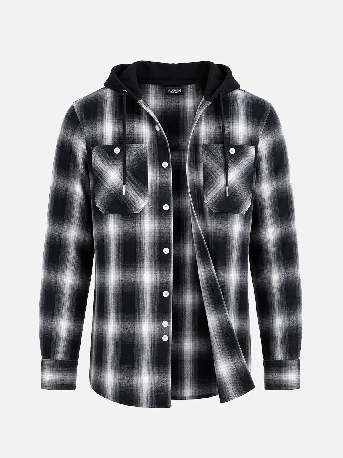 Men's Hooded Plaid Double Pocket Long Sleeve Shirt Eleven Oasis