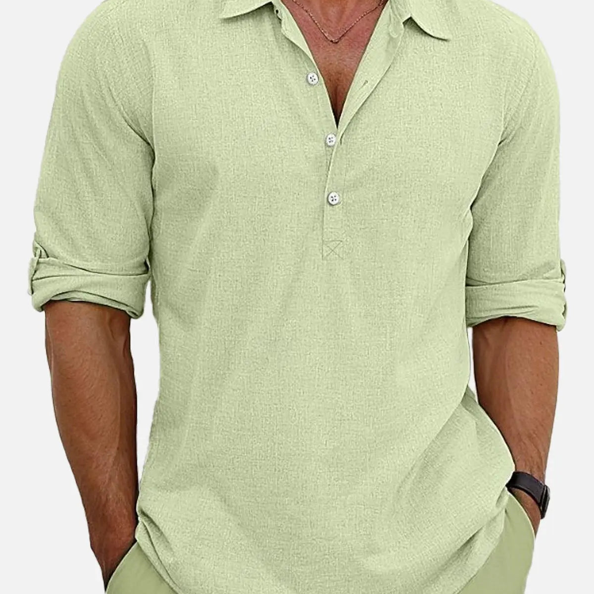 Men's Cotton Stand Collar Long Sleeve Popover Shirt ElevenOasis