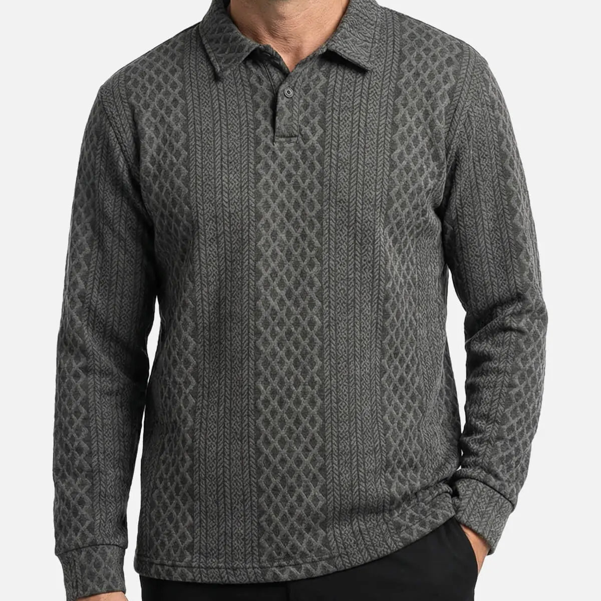 Men's Slim Fit Textured Cable Knit Long Sleeve Polo Shirt Eleven Oasis