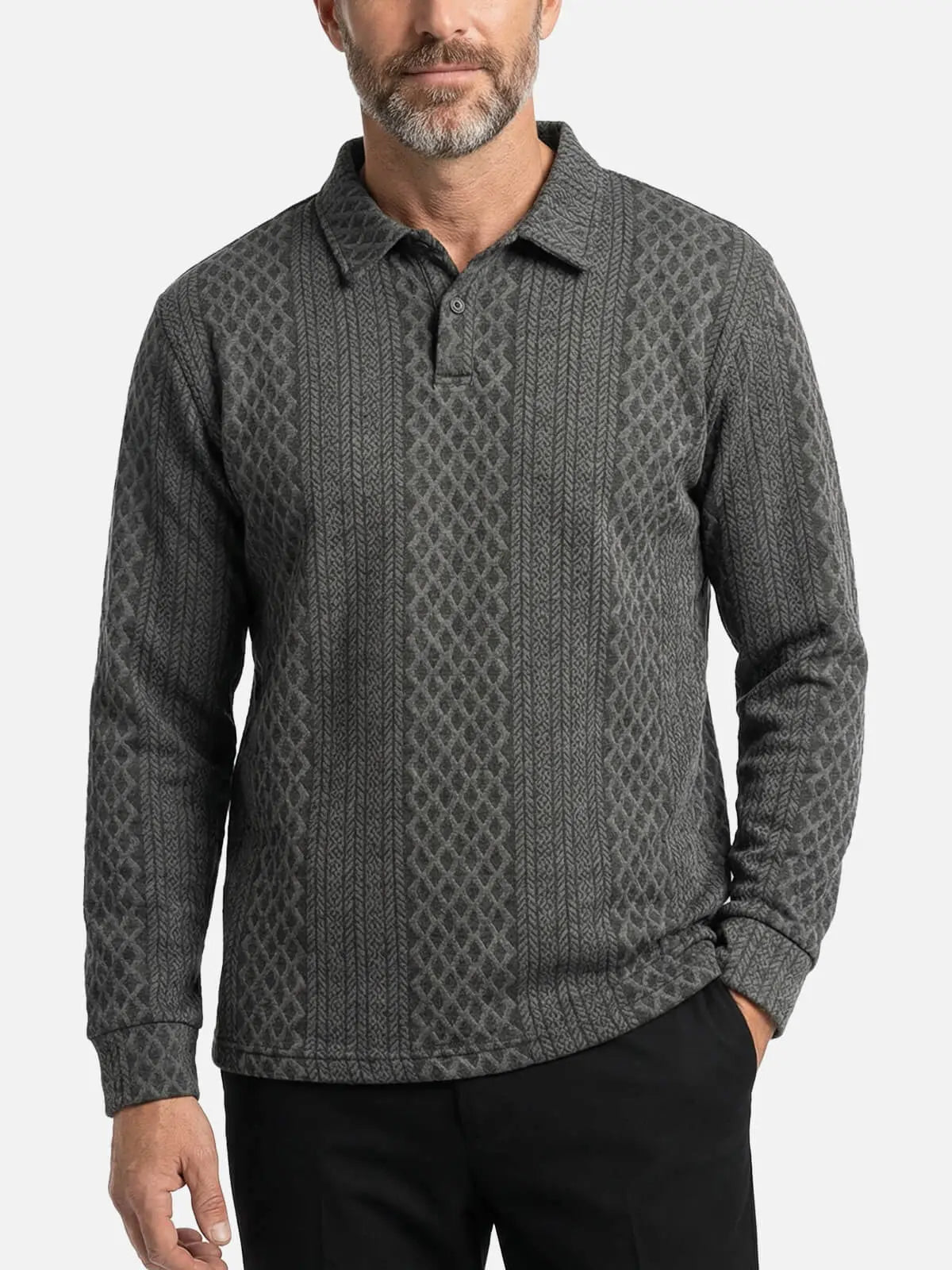 Men's Slim Fit Textured Cable Knit Long Sleeve Polo Shirt Eleven Oasis