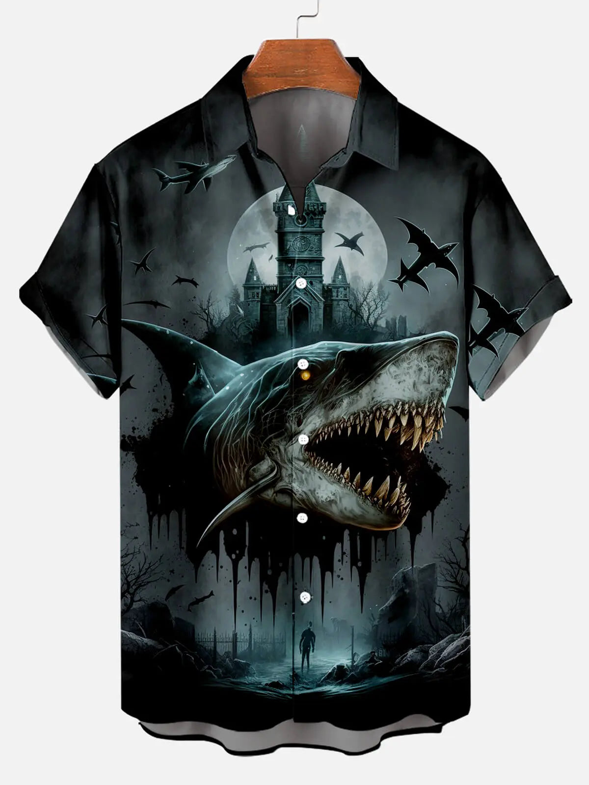 Halloween Scary Shark Illustration Men's Short Sleeve ShirtMens short sleeve shirts Big and tall Mens shirts Short sleeve shirts for men Mens 4xl shirts Casual short sleeve shirts