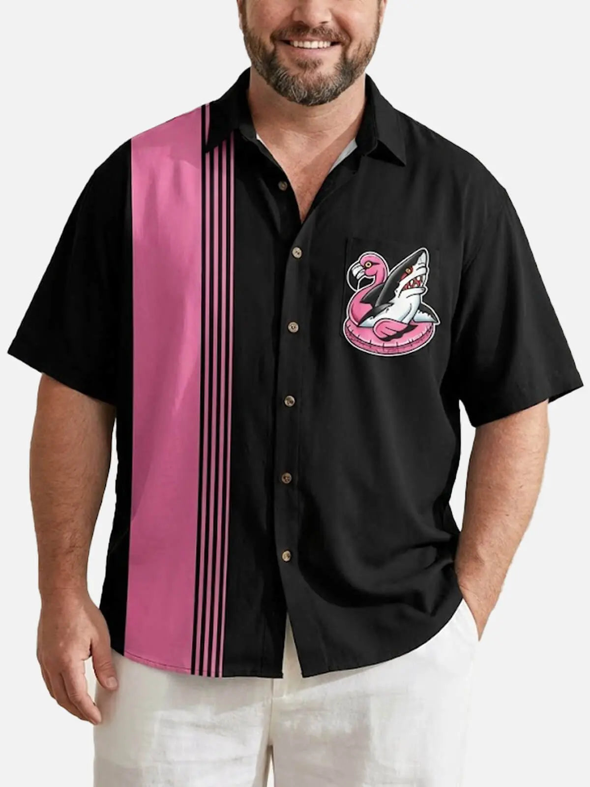 Tall Men's Retro Stripe Flamingo Shark Float Short Sleeve Shirt Eleven Oasis