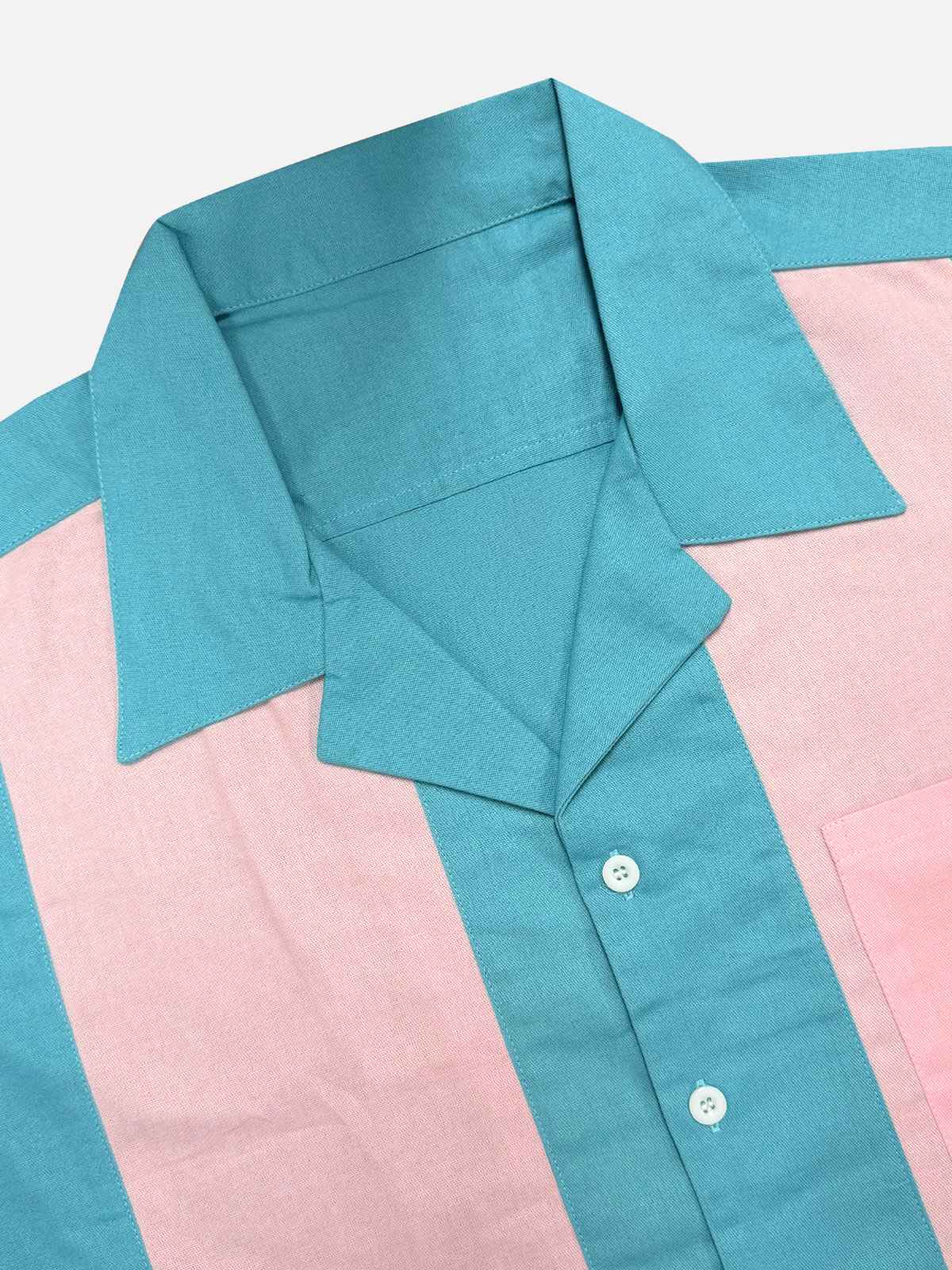 Men's Retro Light Blue and Pink Panel Bowling Short Sleeve Shirt Eleven Oasis