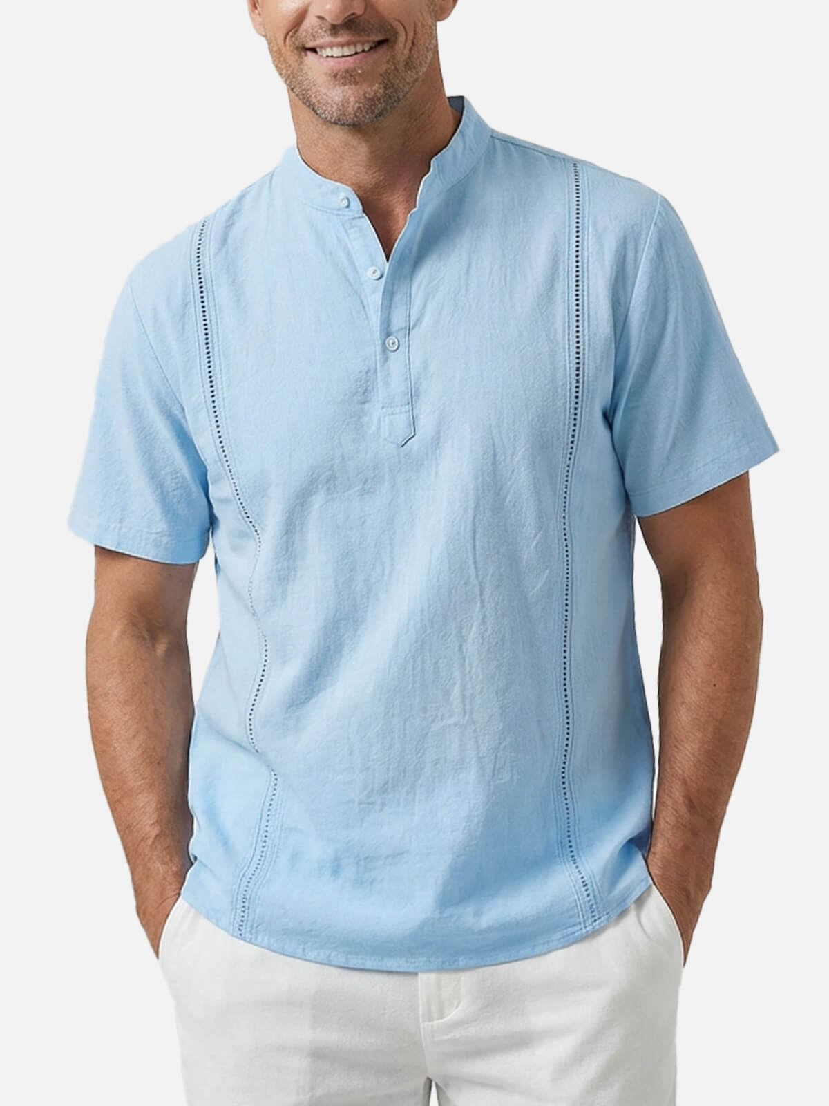 Men's Guayabera-Inspired Classic Cotton-Linen Short Sleeve Henley Shirt Eleven Oasis