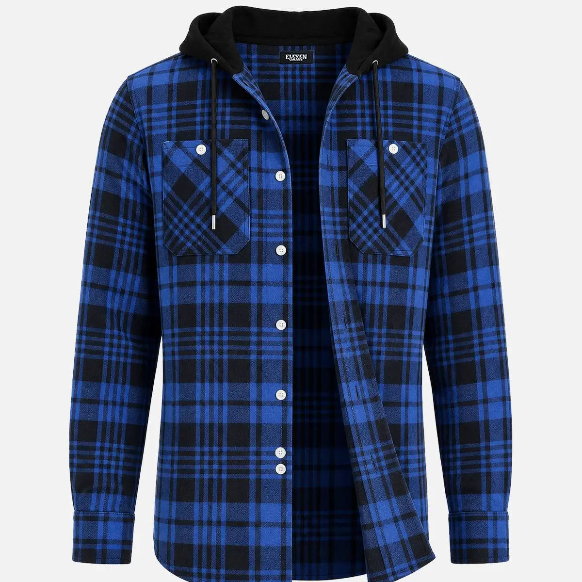 Men's Hooded Plaid Double Pocket Long Sleeve Shirt Eleven Oasis