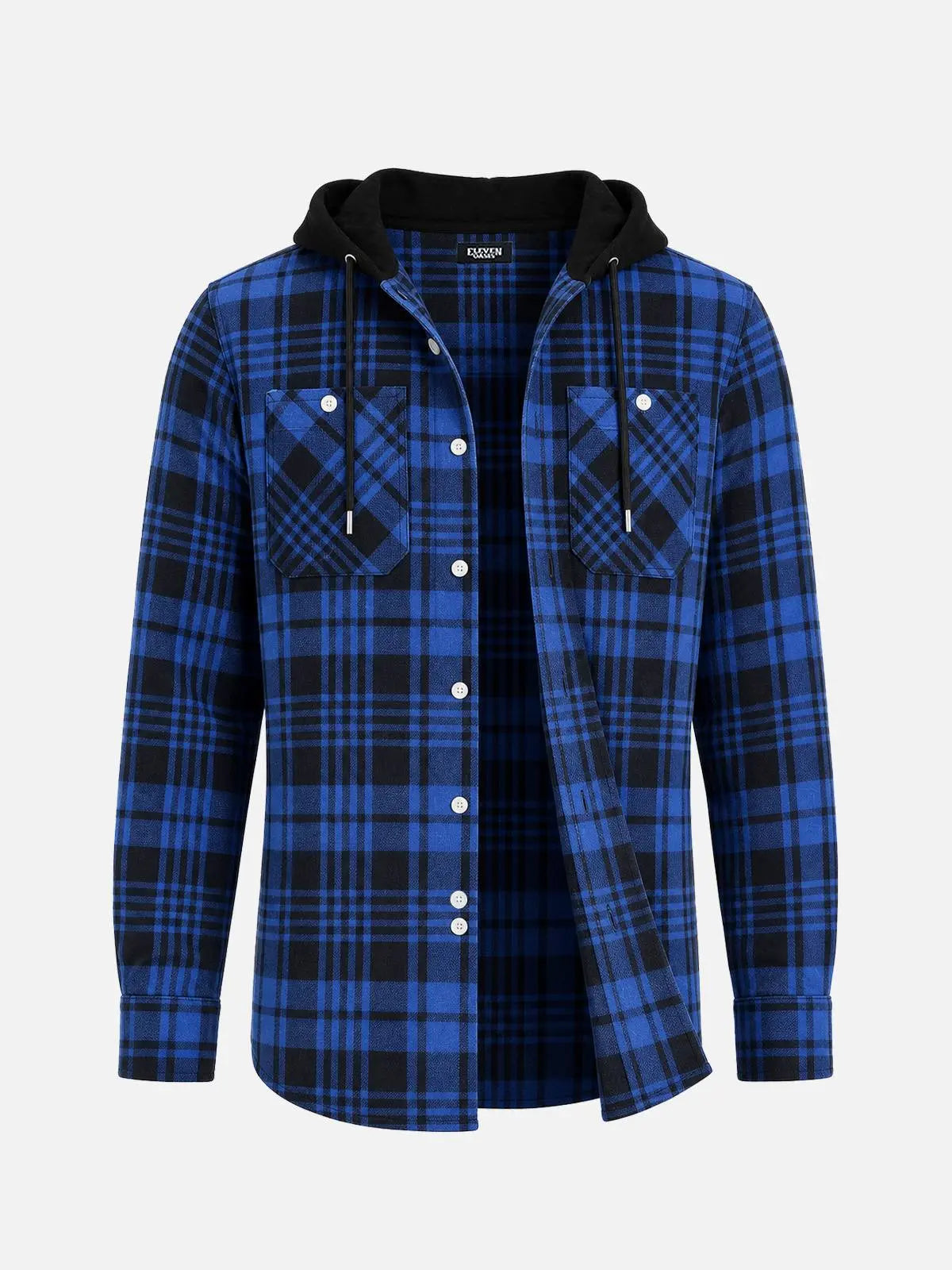 Men's Hooded Plaid Double Pocket Long Sleeve Shirt Eleven Oasis