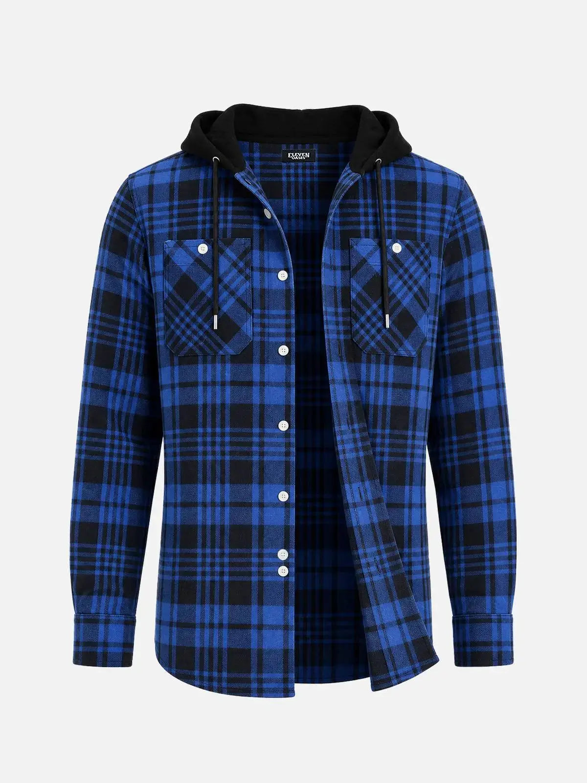 Men's Hooded Plaid Double Pocket Long Sleeve Shirt Eleven Oasis