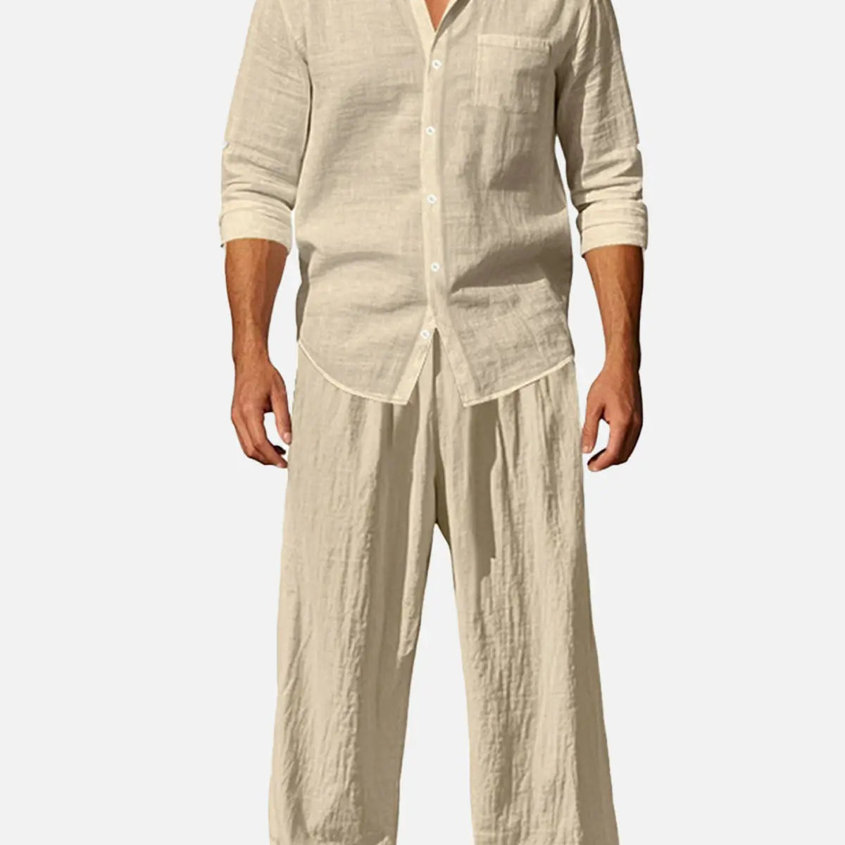 Men's Solid Color Linen Long Sleeve Elastic Waist Wide Leg Set Vacation Slow Living Linen Ensemble ElevenOasis