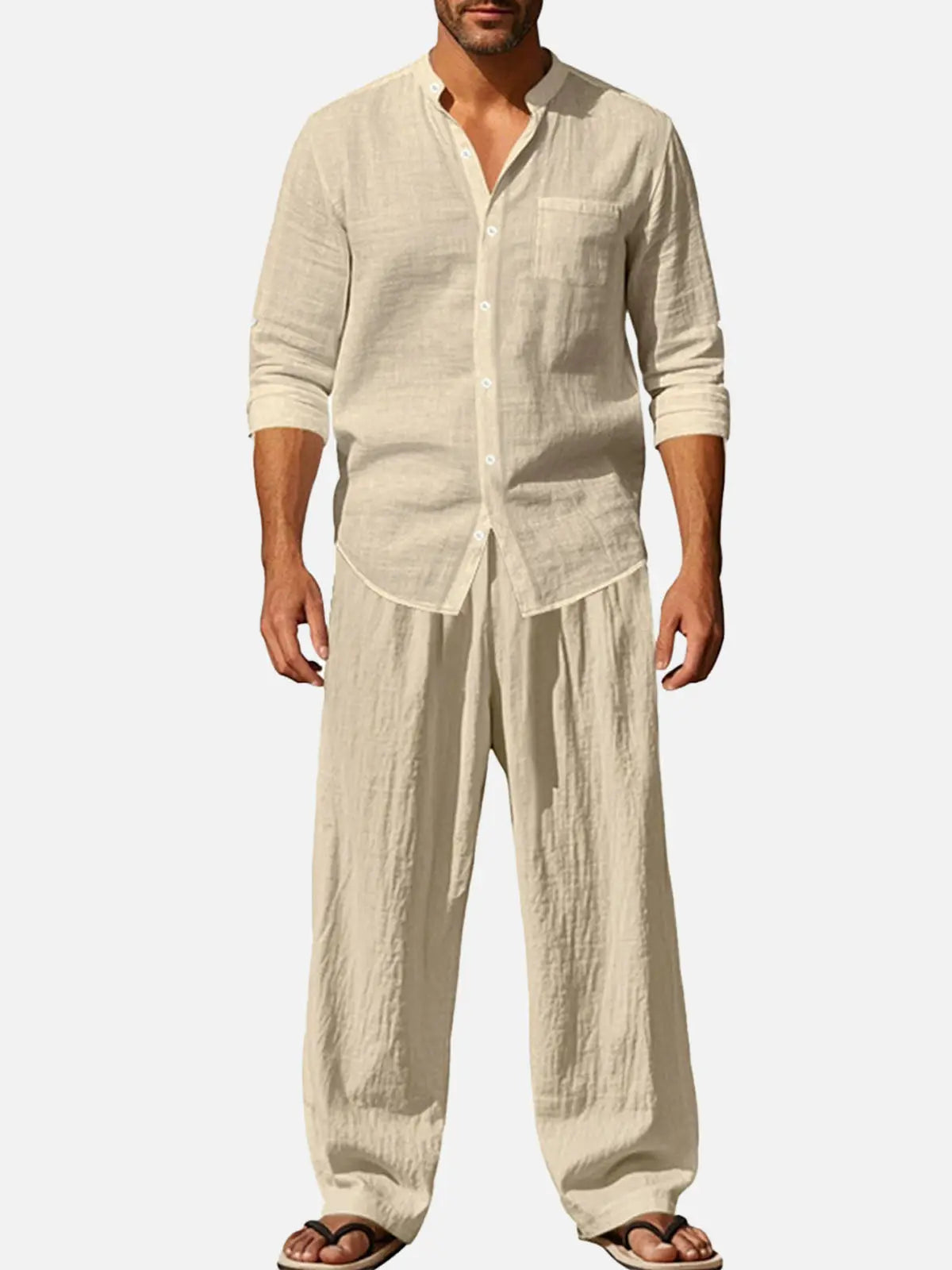 Men's Solid Color Linen Long Sleeve Elastic Waist Wide Leg Set Vacation Slow Living Linen Ensemble ElevenOasis