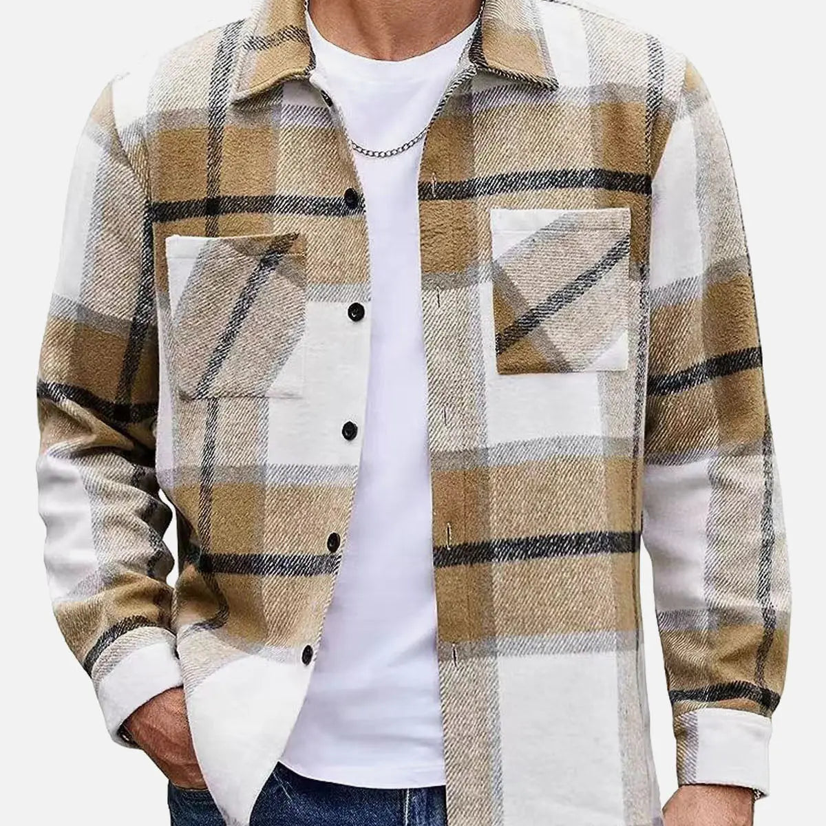Men's Warm Plaid Button-Up Long Sleeve Shirt Jacket ElevenOasis