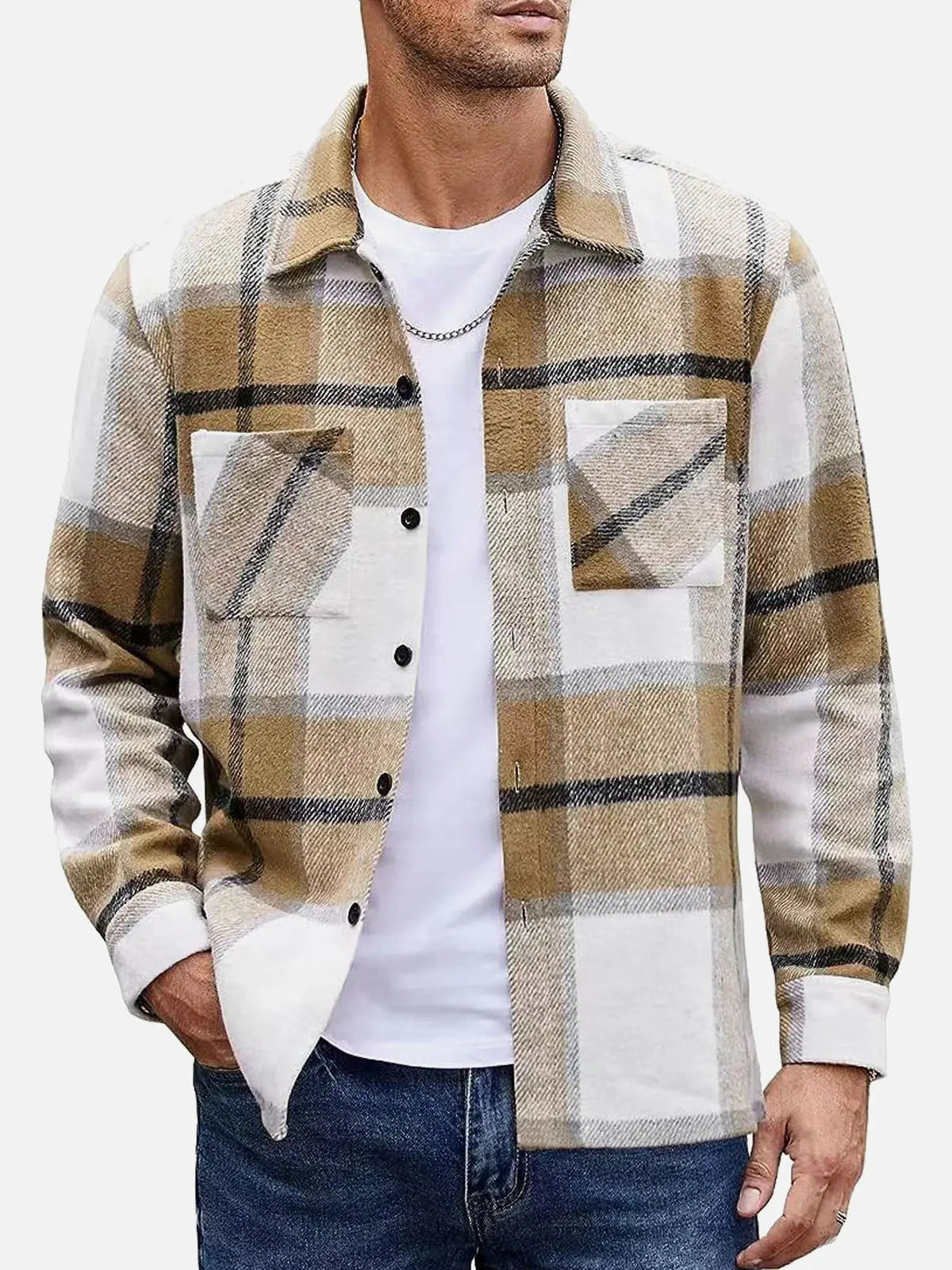 Men's Warm Plaid Button-Up Long Sleeve Shirt Jacket ElevenOasis