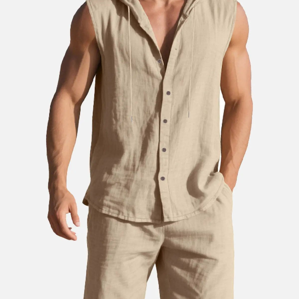 Men's Linen Hooded Sleeveless Matching Set ElevenOasis