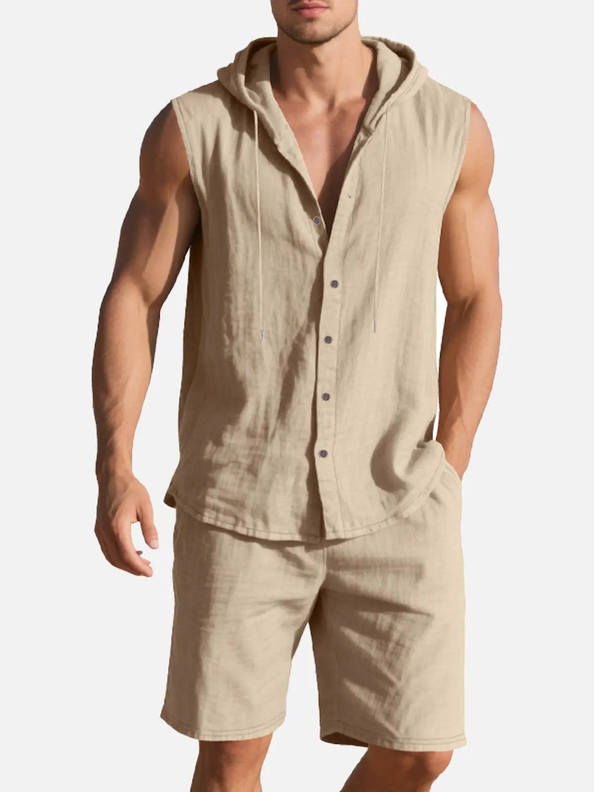 Men's Linen Hooded Sleeveless Matching Set ElevenOasis