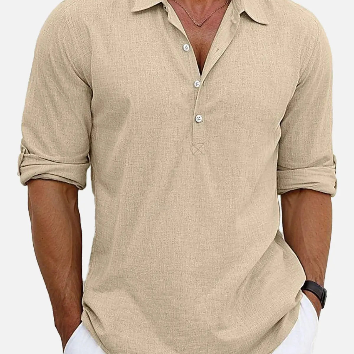Men's Cotton Stand Collar Long Sleeve Popover Shirt ElevenOasis