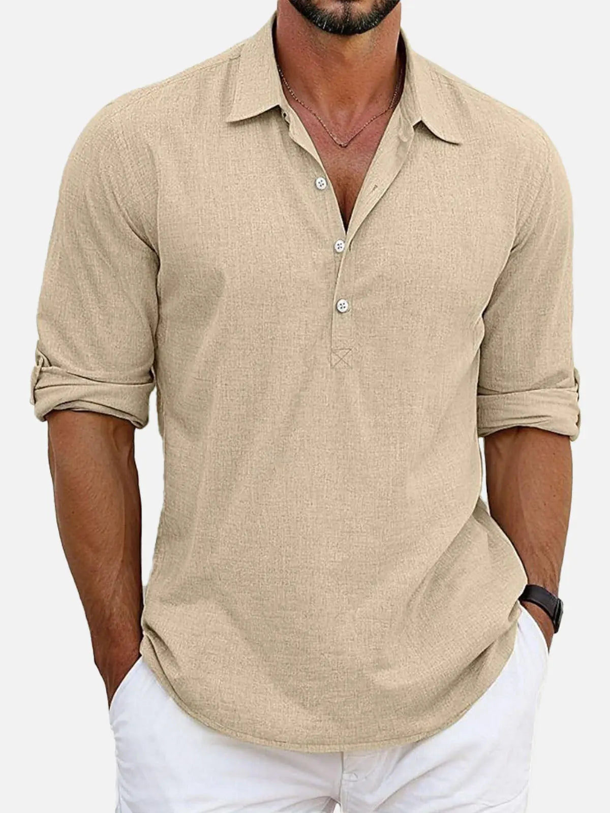 Men's Cotton Stand Collar Long Sleeve Popover Shirt ElevenOasis
