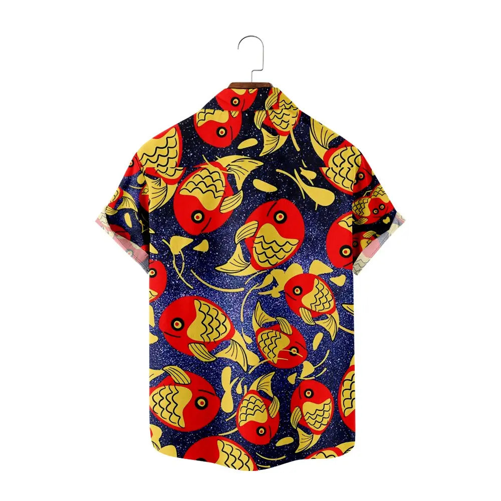 Men's Illustrated Red Fish Universe Print Short Sleeve ShirtMens short sleeve shirts Big and tall Mens shirts Short sleeve shirts for men Mens 4xl shirts Casual short sleeve shirts