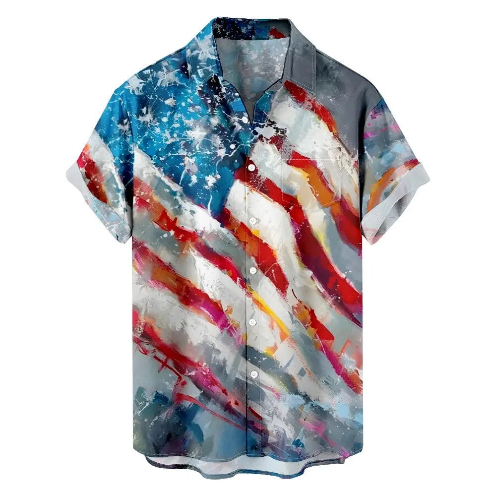 Men's Oil Painting American Flag Short Sleeve Shirt with Chest PocketMens short sleeve shirts Big and tall Mens shirts Short sleeve shirts for men Mens 4xl shirts Casual short sleeve shirts