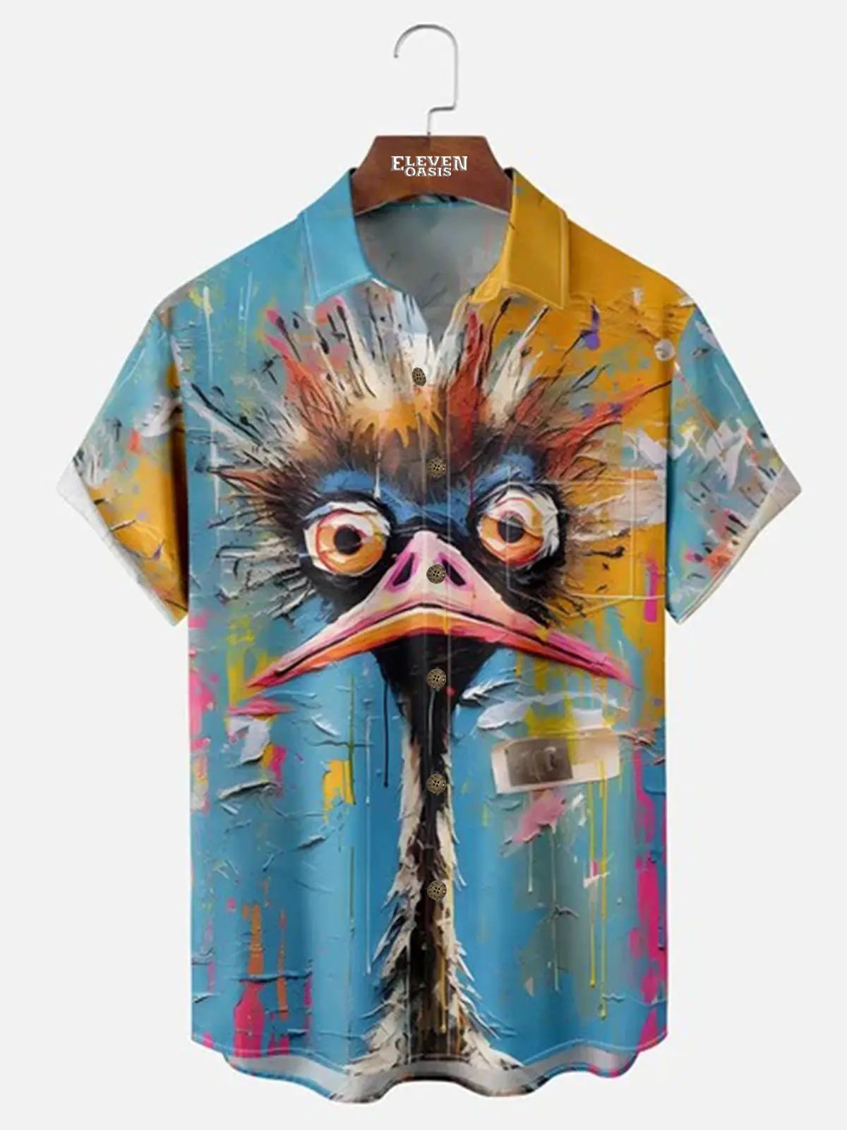 Men's Oil Paint Ostrich Art Short Sleeve Shirt ElevenOasis