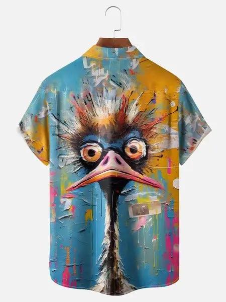 Men's Oil Paint Ostrich Art Short Sleeve Shirt ElevenOasis