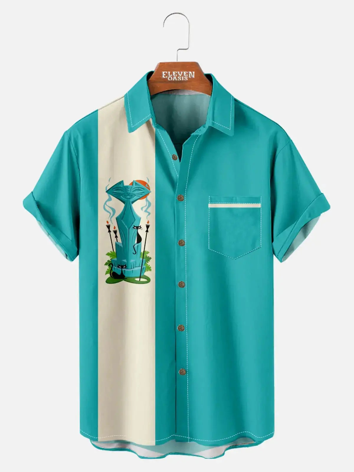 Men's Tiki Cat Totem Bowling Short Sleeve Shirt Eleven Oasis