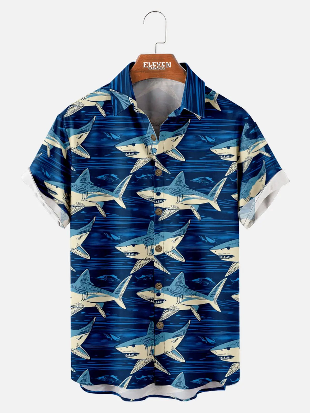 Men's Vintage Shark Pattern Short Sleeve Shirt ElevenOasis