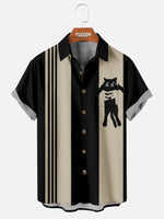 Men's Black Cat Bowling Shirt with Chest Pocket ElevenOasis
