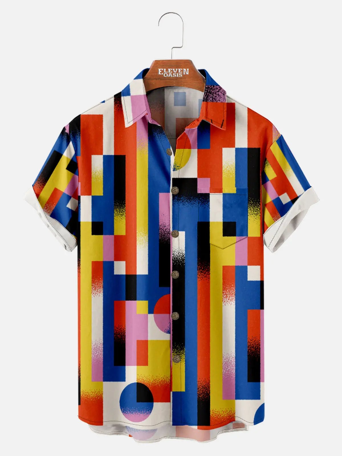 Men's Retro Color Block Geometric Short Sleeve Shirt ElevenOasis
