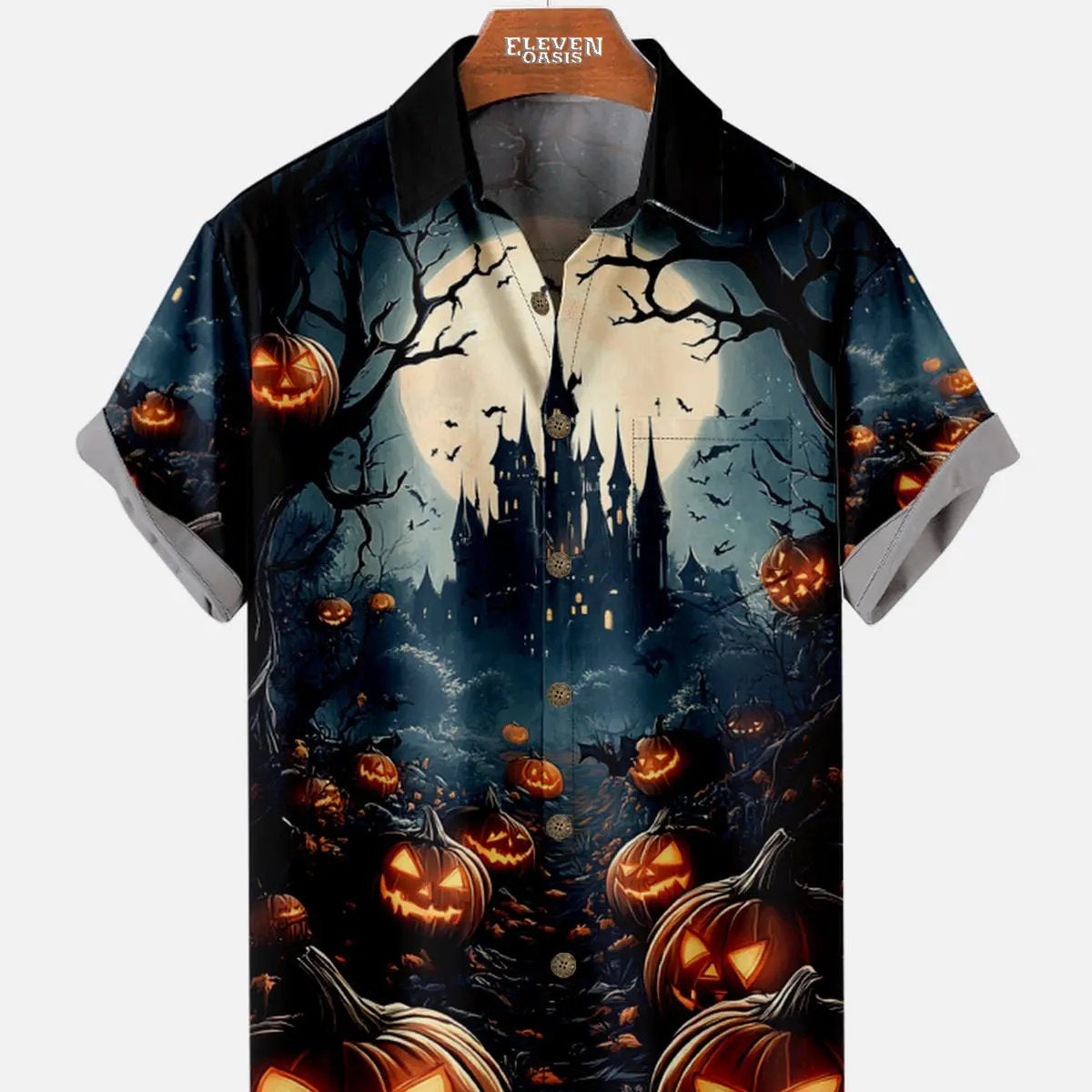 Tall Men's Haunted Harvest Castle Short Sleeve Shirt ElevenOasis