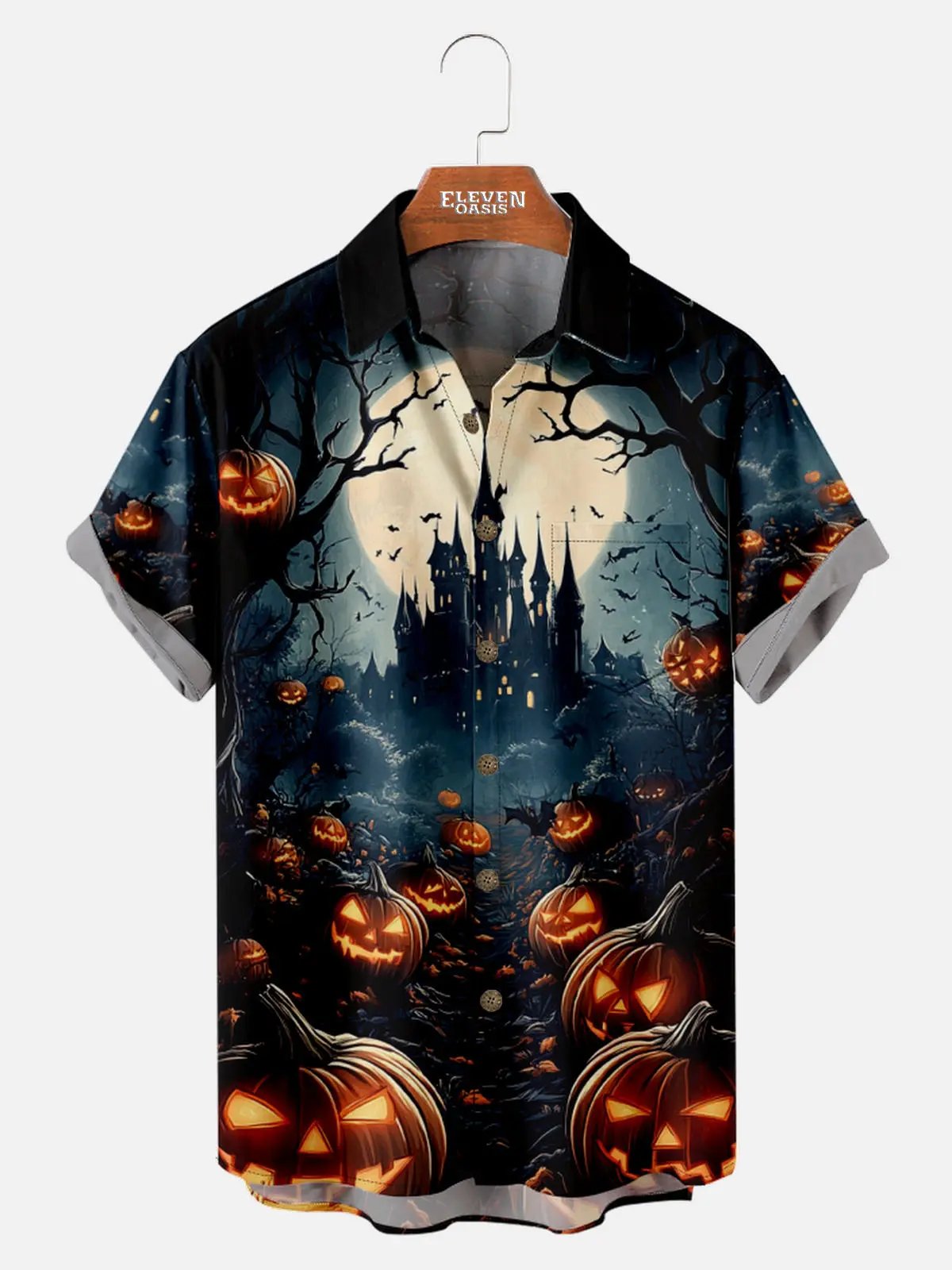 Tall Men's Haunted Harvest Castle Short Sleeve Shirt ElevenOasis