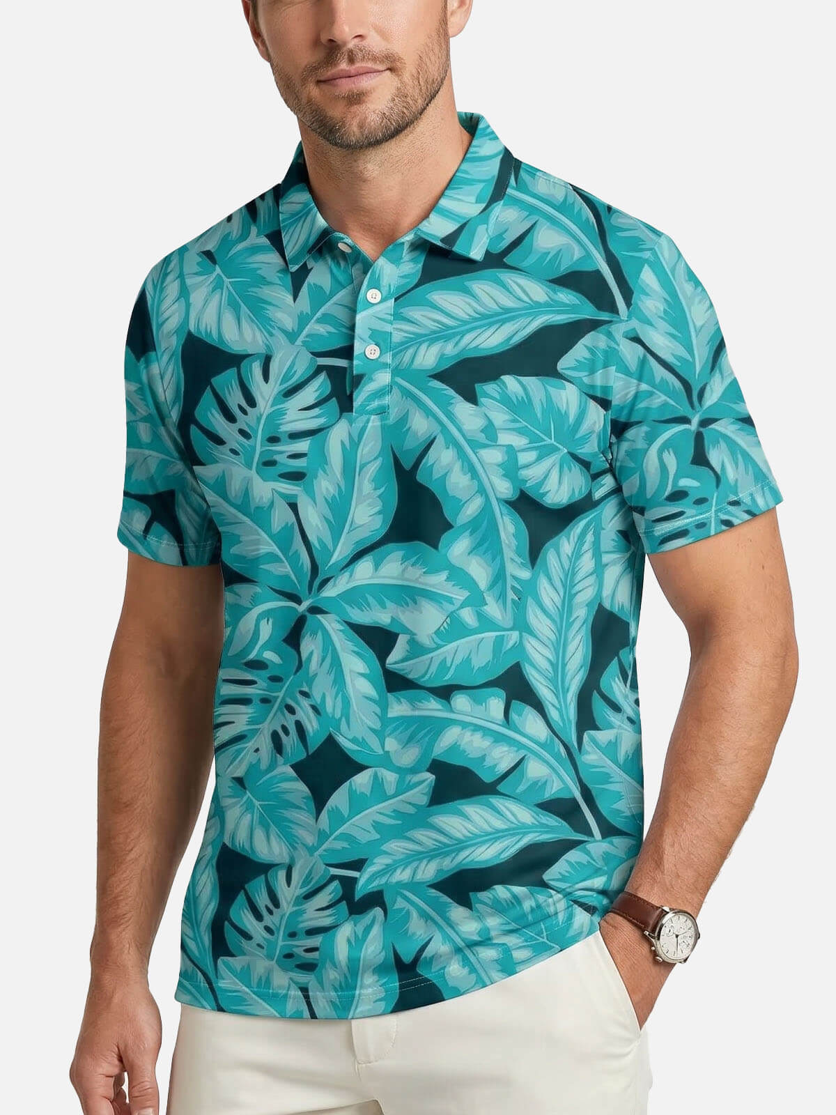 Men's Tropical Leaf Pattern Short Sleeve Polo Shirt Eleven Oasis