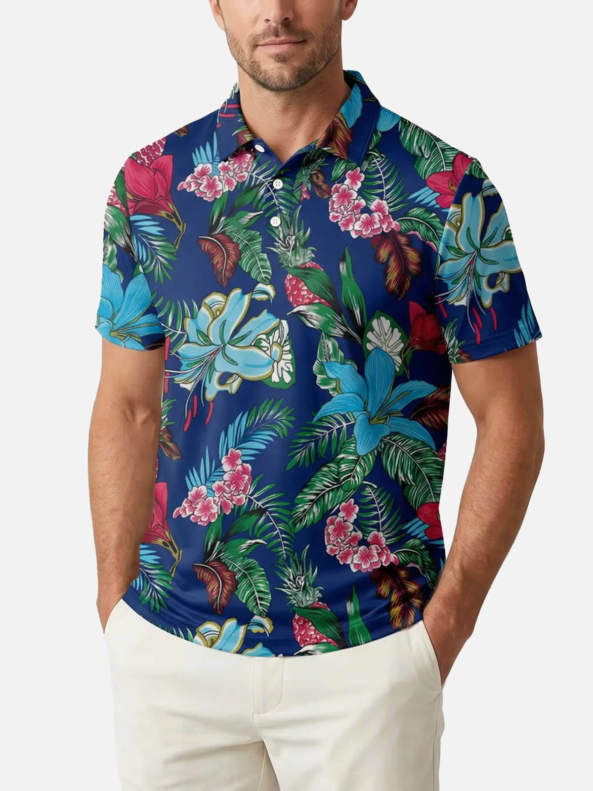 Men's Tropical Floral Pattern Short Sleeve Polo Shirt Eleven Oasis