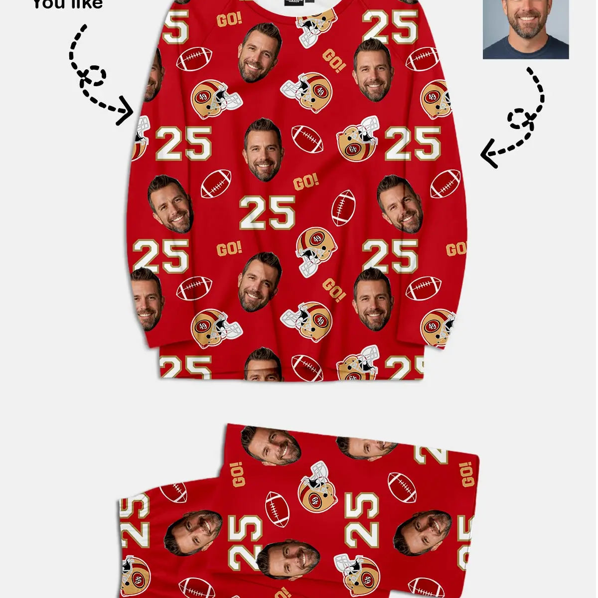 Custom Football Team & Face Pajama Set - Bay Area Red & Gold Eleven Oasis