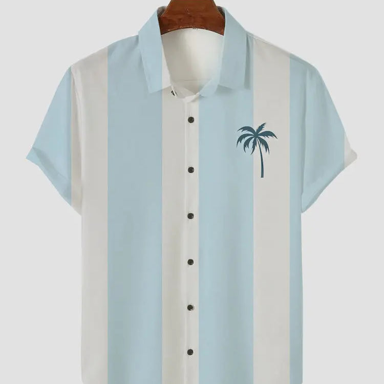 Men's Palm Tree Blue and White Stripe Button Casual Shirt Light Blue / M