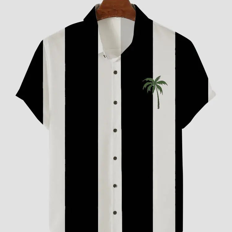 Men's Palm Tree Blue and White Stripe Button Casual Shirt Black / M