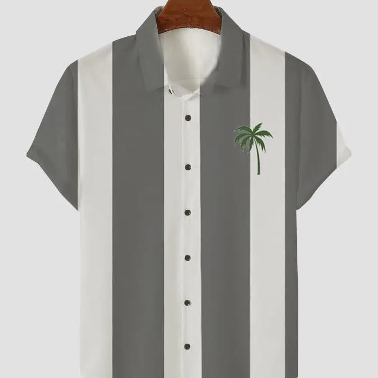 Men's Palm Tree Blue and White Stripe Button Casual Shirt Gray / M