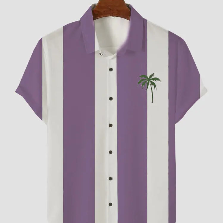 Men's Palm Tree Blue and White Stripe Button Casual Shirt Purple / M