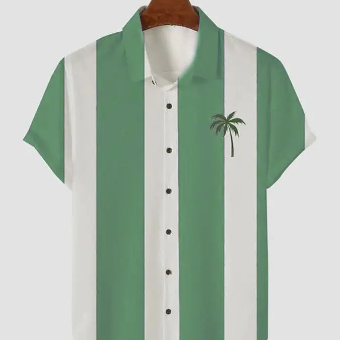 Men's Palm Tree Blue and White Stripe Button Casual Shirt Green / M
