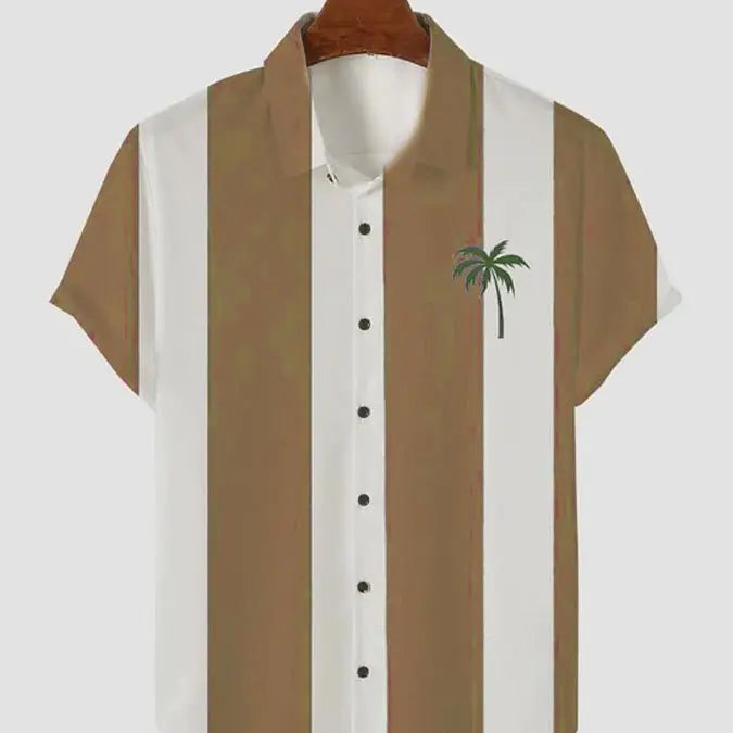 Men's Palm Tree Blue and White Stripe Button Casual Shirt Yellow / M