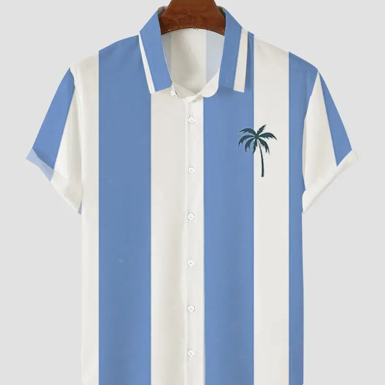 Men's Palm Tree Blue and White Stripe Button Casual Shirt Blue / M