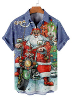Christmas Motorcycle Santa Men's Short Sleeve Casual Shirt Blue / MMens short sleeve shirts Big and tall Mens shirts Short sleeve shirts for men Mens 4xl shirts Casual short sleeve shirts