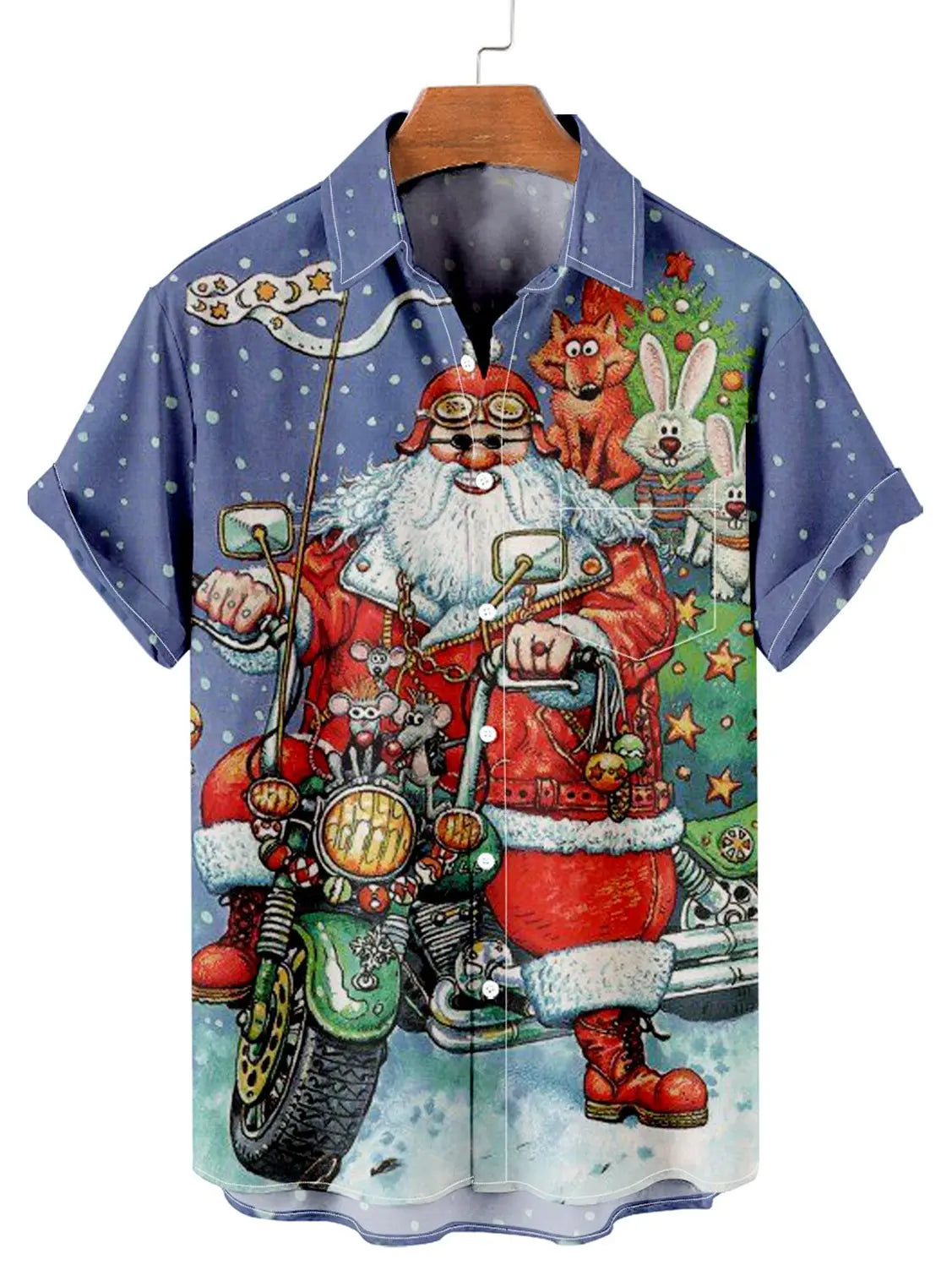 Christmas Motorcycle Santa Men's Short Sleeve Casual Shirt Blue / MMens short sleeve shirts Big and tall Mens shirts Short sleeve shirts for men Mens 4xl shirts Casual short sleeve shirts