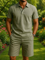 Men's Linen Blend Polo Short Set Eleven Oasis
