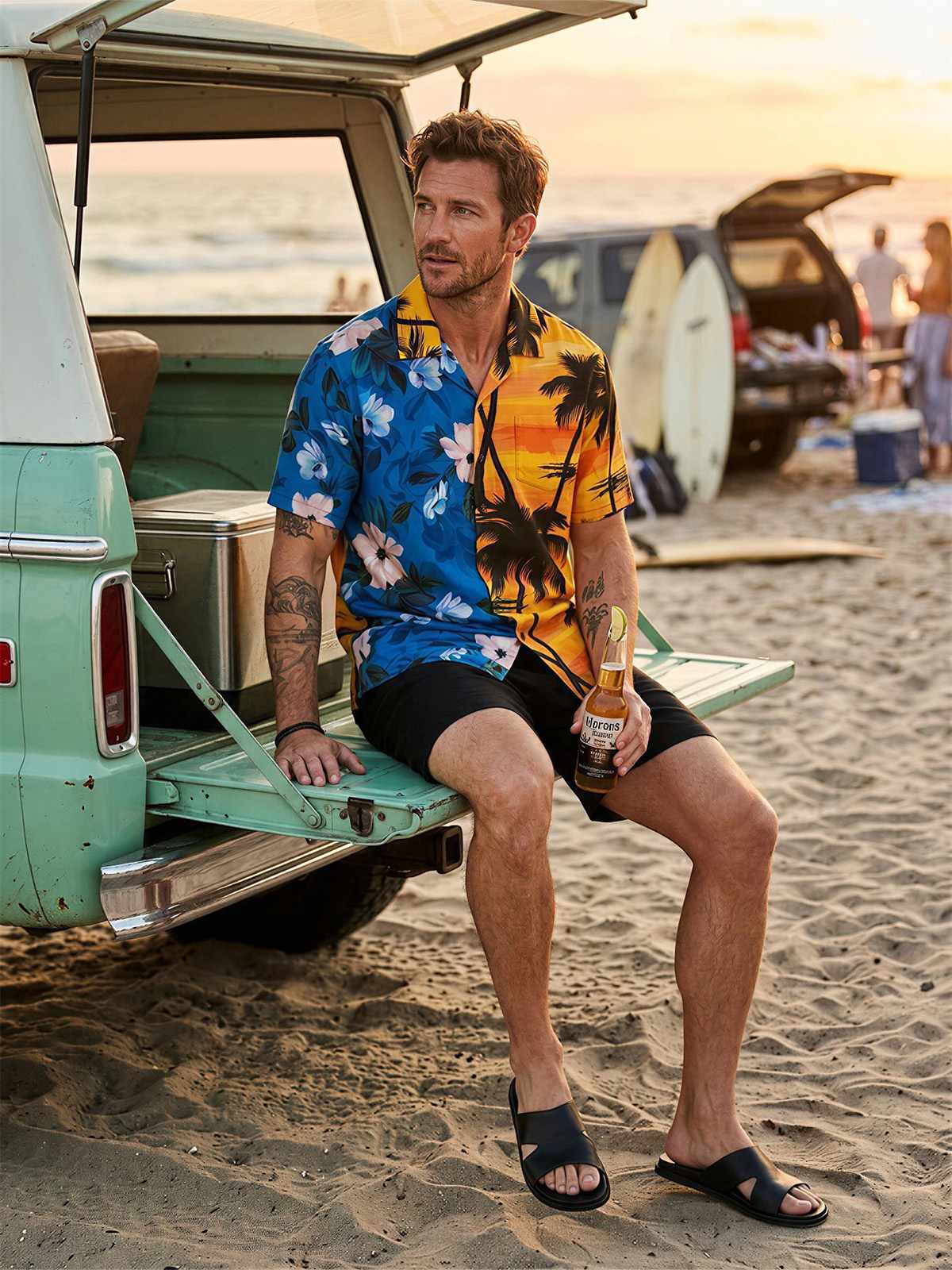 Tall Men's Split Floral Palm Sunset Camp Collar Short Sleeve Shirt Eleven Oasis