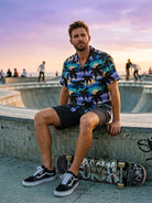 Tall Men's Abstract Palm Sunset Camp Collar Short Sleeve Shirt Eleven Oasis