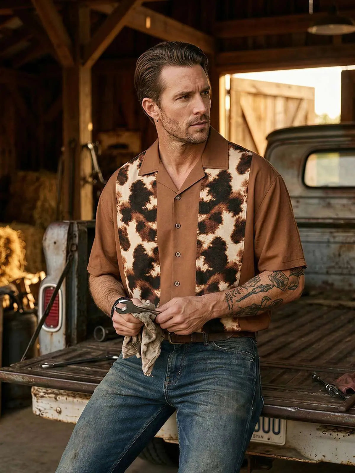 Tall Men's Cowhide Panel Bowling Short Sleeve Shirt Eleven Oasis