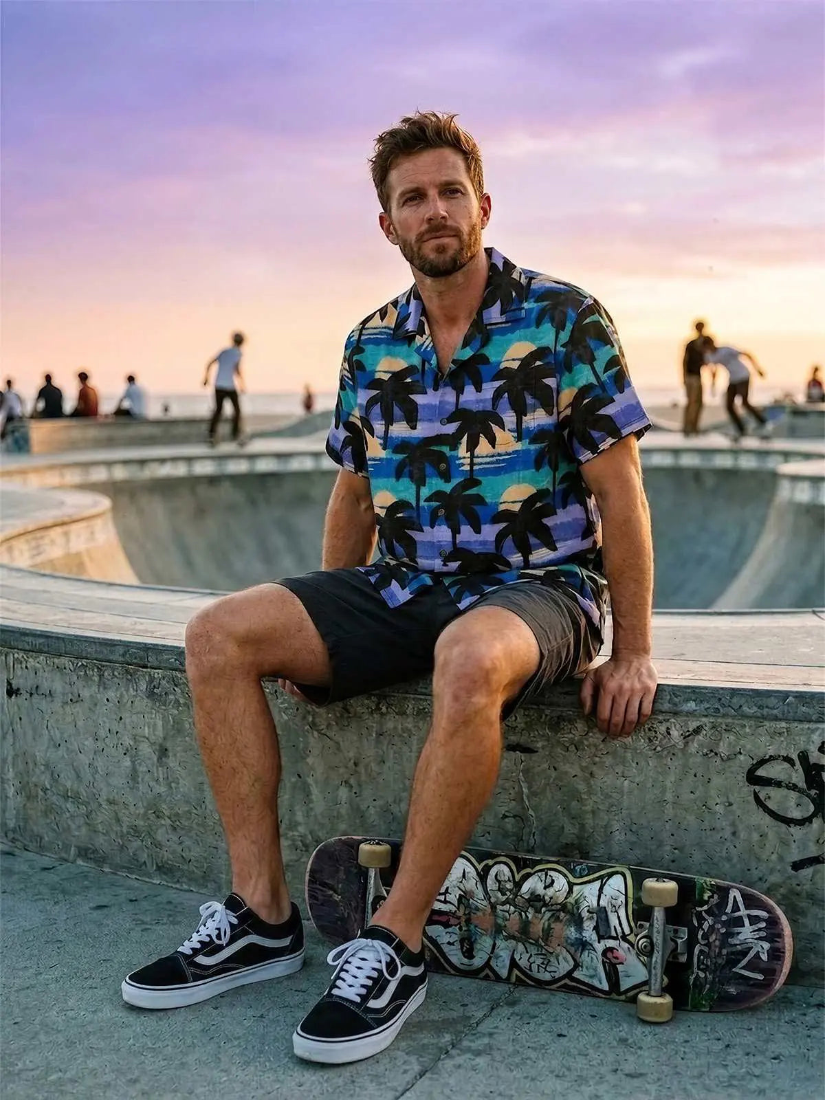 Men's Abstract Palm Sunset Camp Collar Short Sleeve Shirt Eleven Oasis