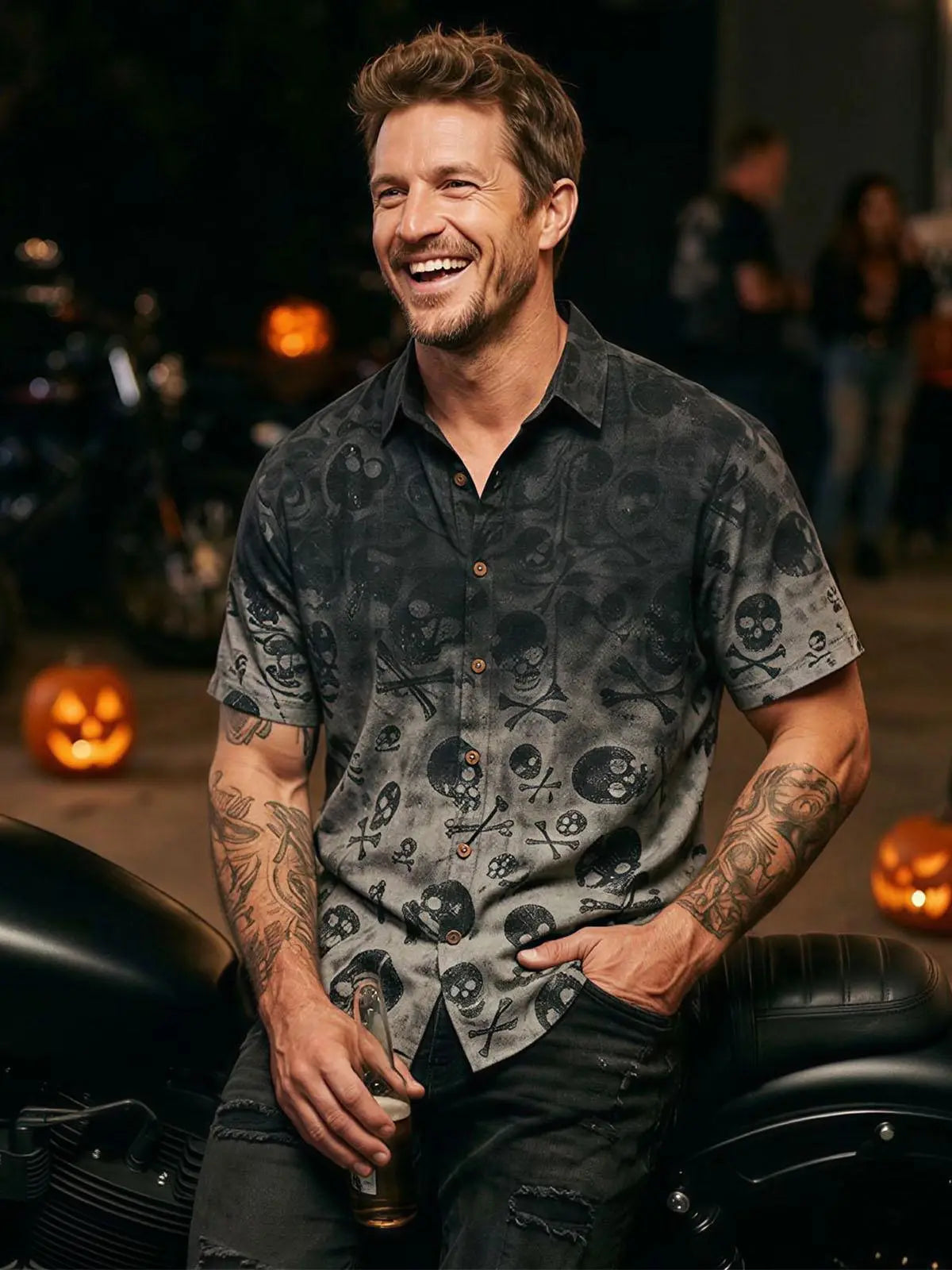 Men's Distressed Skull and Crossbones Short Sleeve Shirt Eleven Oasis