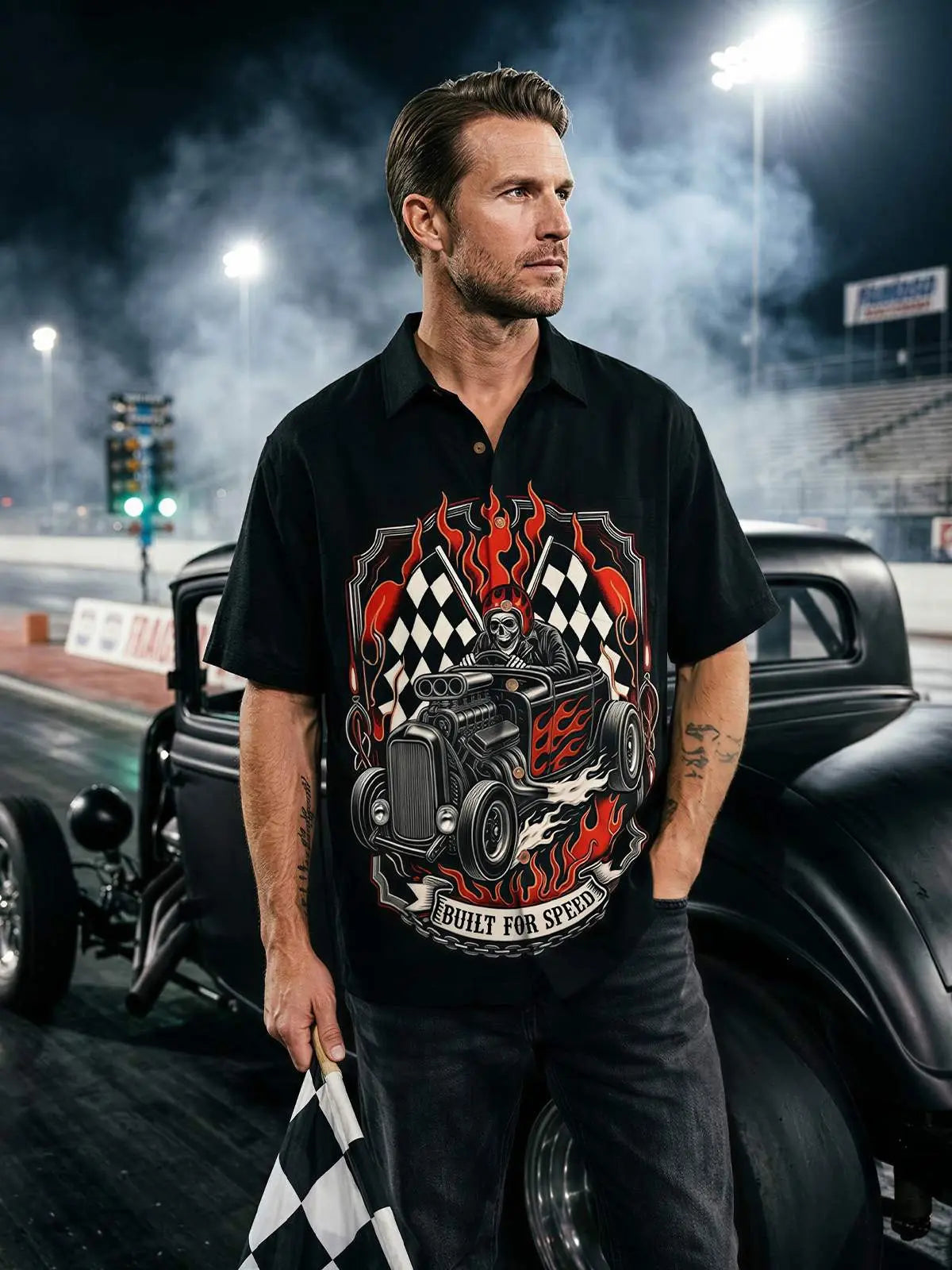 Men's Skull Built For Speed Hot Rod Short Sleeve Shirt Eleven Oasis