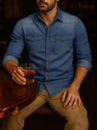 Men's Pinstripe Denim Western Long Sleeve Shirt ElevenOasis